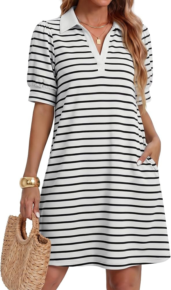 ZESICA Womens Summer Striped T Shirt Mini Dresses 2026 Casual Lapel V Neck Short Sleeve Flowy A L... | Amazon (US)