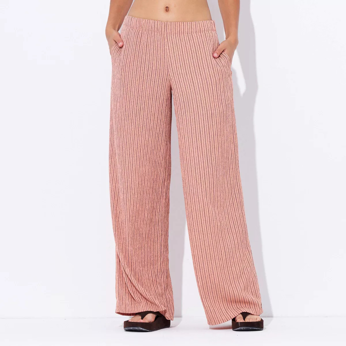 Women's Low-Rise Textured Wide Leg Pull-On Pants - Wild Fable\u2122 Orange Striped M | Target