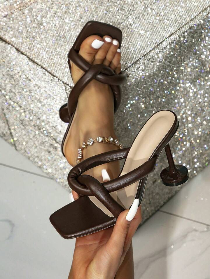 Women's Chunky Heel Mules Sandals, Coffee Brown Open Toe Elegant Versatile Slip-On Stiletto Sandals For Summer | SHEIN