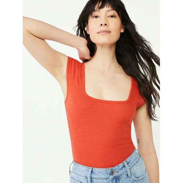 Free Assembly Women's Square Neck Bodysuit with Cap Sleeves | Walmart (US)