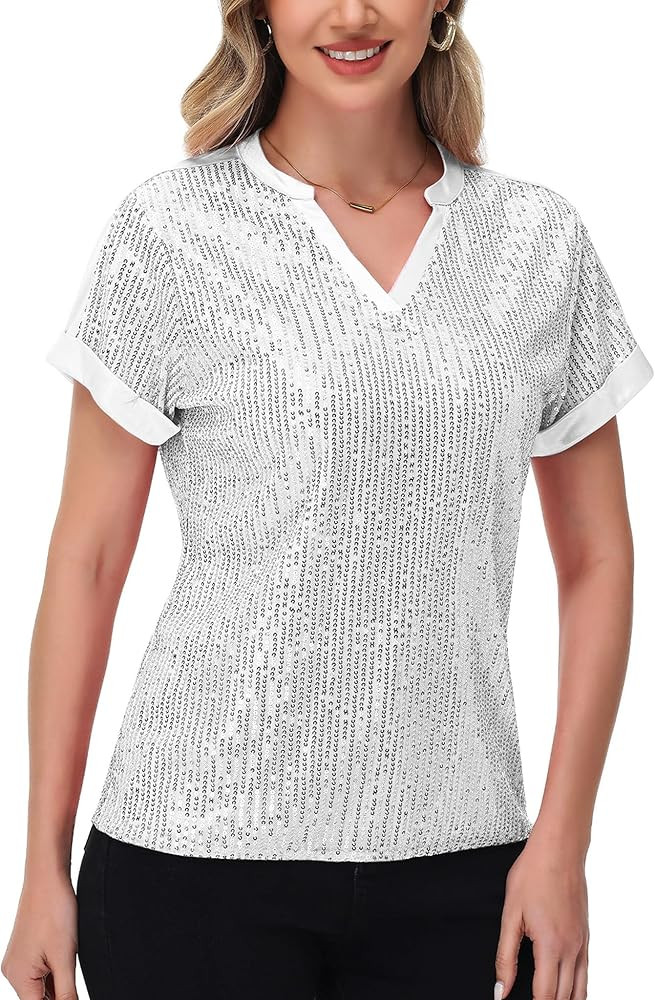 Anna-Kaci Women's Sequin Top Shirt Short Sleeve with Satin V Neckline Glitter Party Tunic Blouse | Amazon (US)