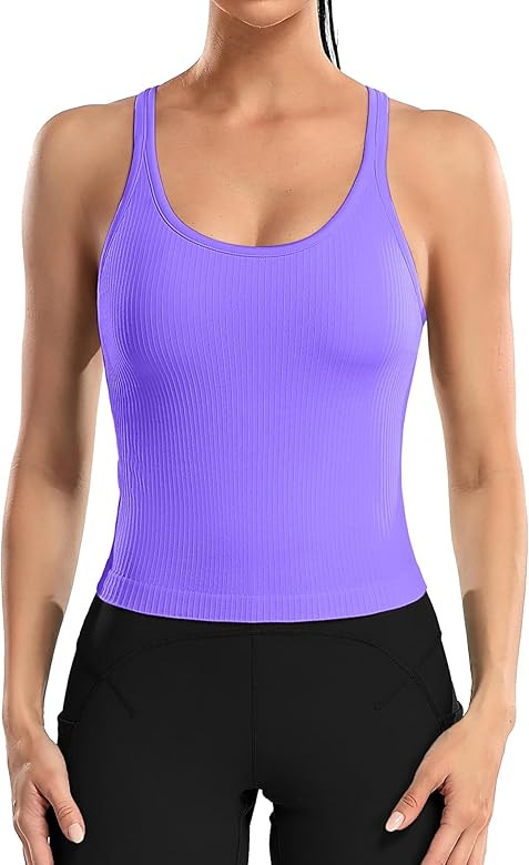ATTRACO Women Ribbed Workout Crop Tops with Built in Bra Yoga Racerback Tank Top Tight Fit | Amazon (US)