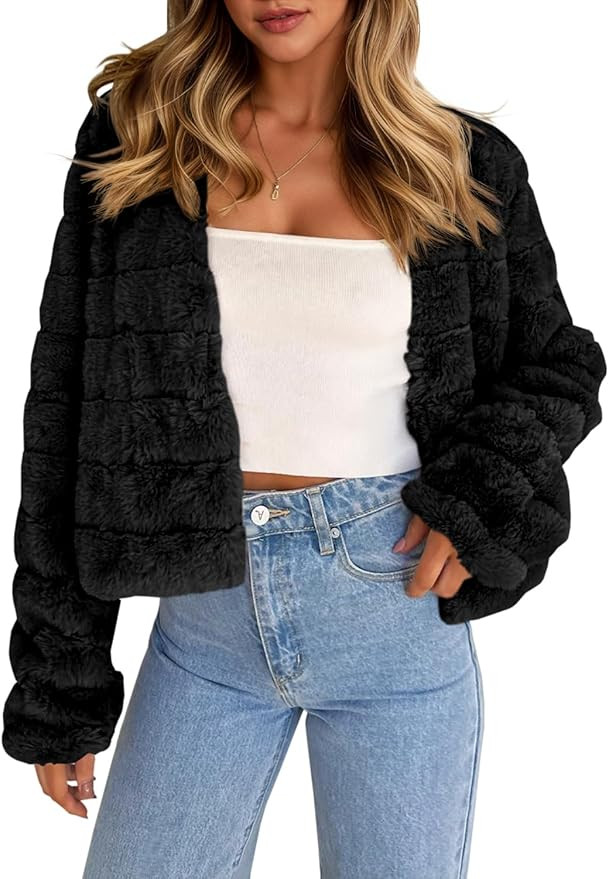 Fisoew Womens Cropped Faux Fur Jackets Long Sleeve Open Front Fluffy Short Coats | Amazon (US)