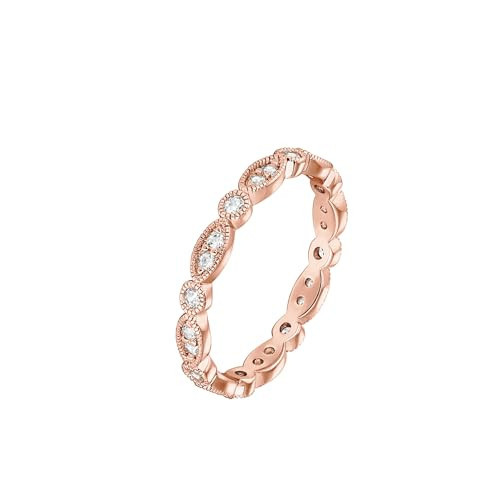 PAVOI 14K Rose Gold Plated Rings Cubic Zirconia Band | Round Milgrain Eternity Bands | Rose Gold Rings for Women Size 7 | Amazon (US)