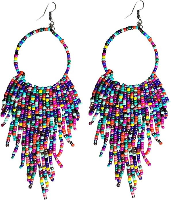 Tribal Dangle Fringe Tassel Bead & Hoop Earrings Native American Style by BOGZON (Multi Color) | Amazon (US)