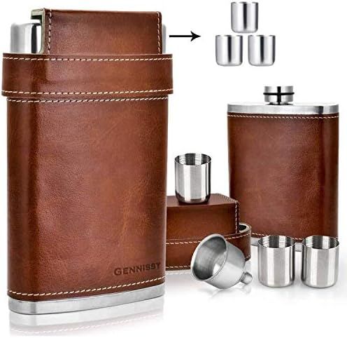 GENNISSY 304 18/8 Stainless Steel 8oz Flask - Brown Leather with 3 Cups and Funnel 100% Leak Proo... | Amazon (US)