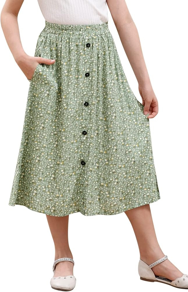GORLYA Girls A-Line Elastic High Waist Pleated Swing Maxi Skirt with Pockets for 4-14T | Amazon (US)