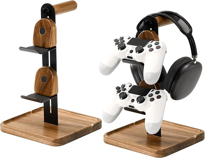 Game Controller&Headphone Wood Stand for Desk, Adjustable 2 Tiers Game Controller Holder for PS/X... | Amazon (US)
