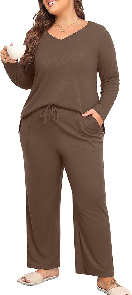 ZHUHOUSE Women's Plus Size 2 Piece Pajama Lounge Sets Knit Outfits Long Sleeve V Neck Tops Wide L... | Amazon (US)