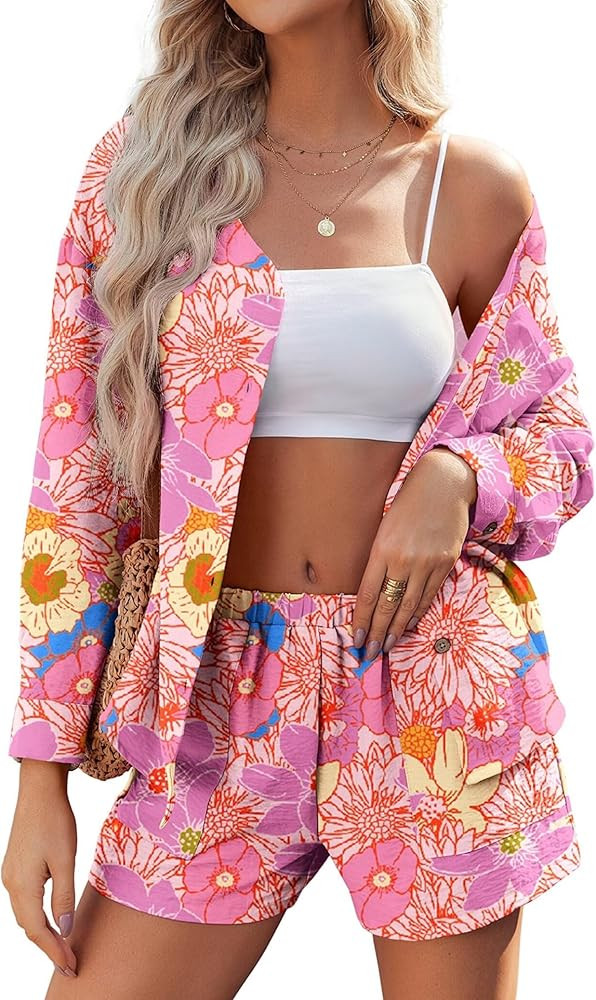 Ekouaer Womens Hawaiian 2 Piece Outfits Long Sleeve Button Down Shirt and Shorts Tracksuit Lounge... | Amazon (US)