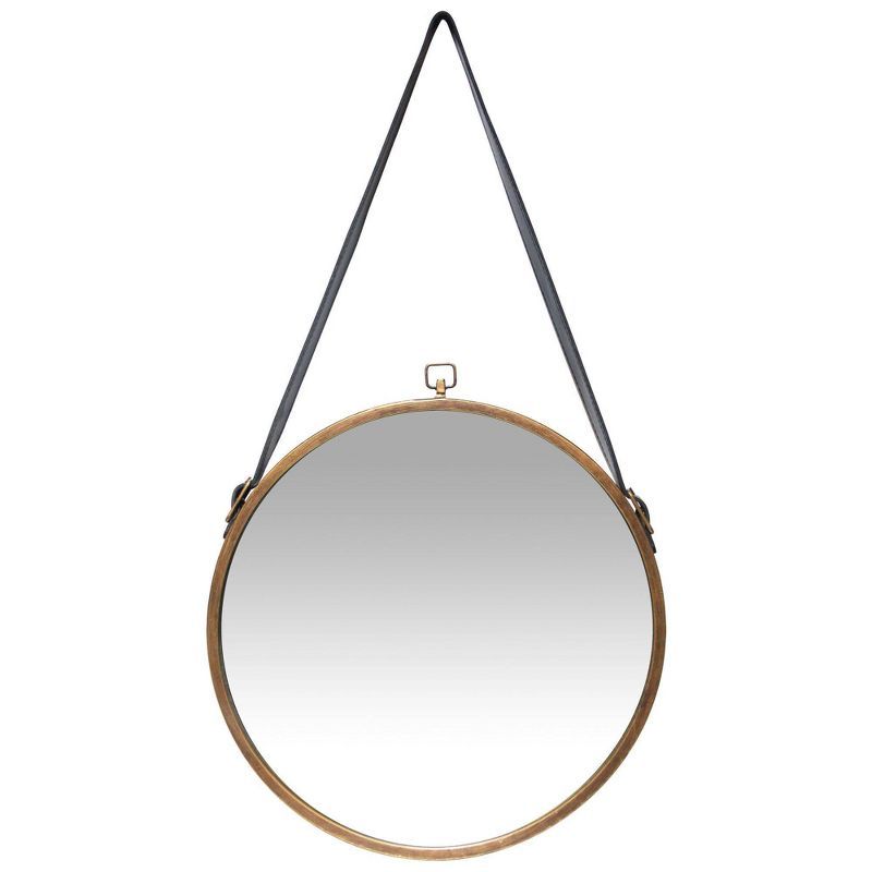 16" Farmhouse Round Hanging Wall Mirror with Frame Leather Strap Brass - Infinity Instruments | Target