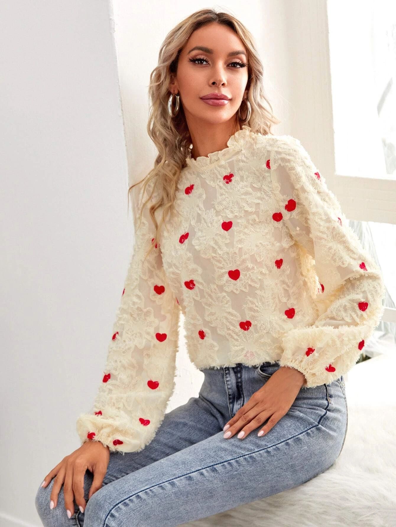 Heart Embroidery Frill Neck Fuzzy Blouse | SHEIN
