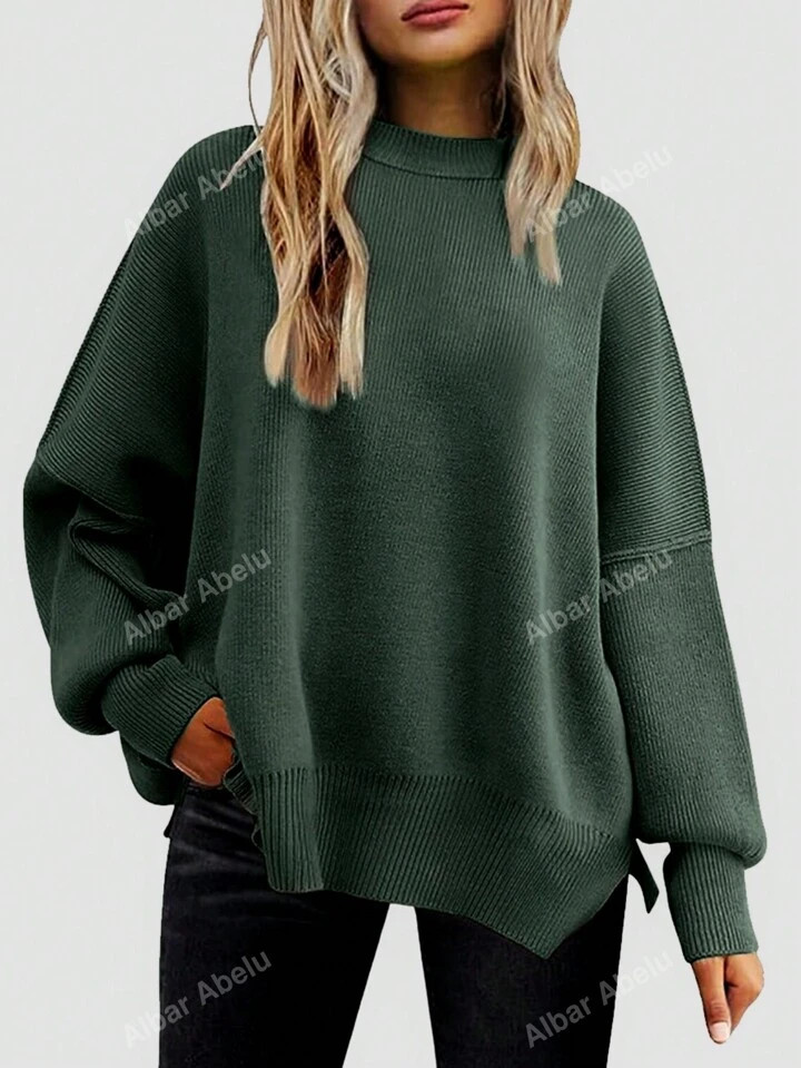 Mock Neck Drop Shoulder Split Hem Sweater | SHEIN
