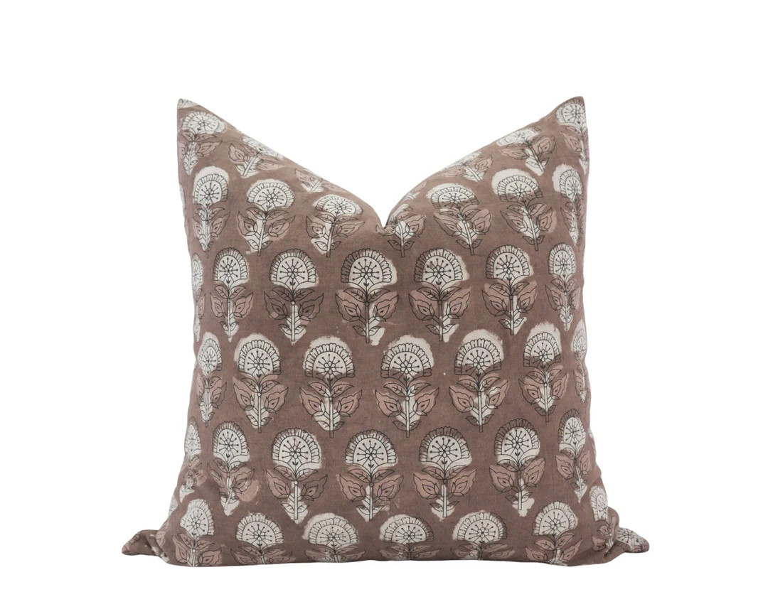 AMIRA || Medium Brown Floral Pillow Cover Brown Block Print Pillow Moody Brown Pillow Farmhouse F... | Etsy (US)