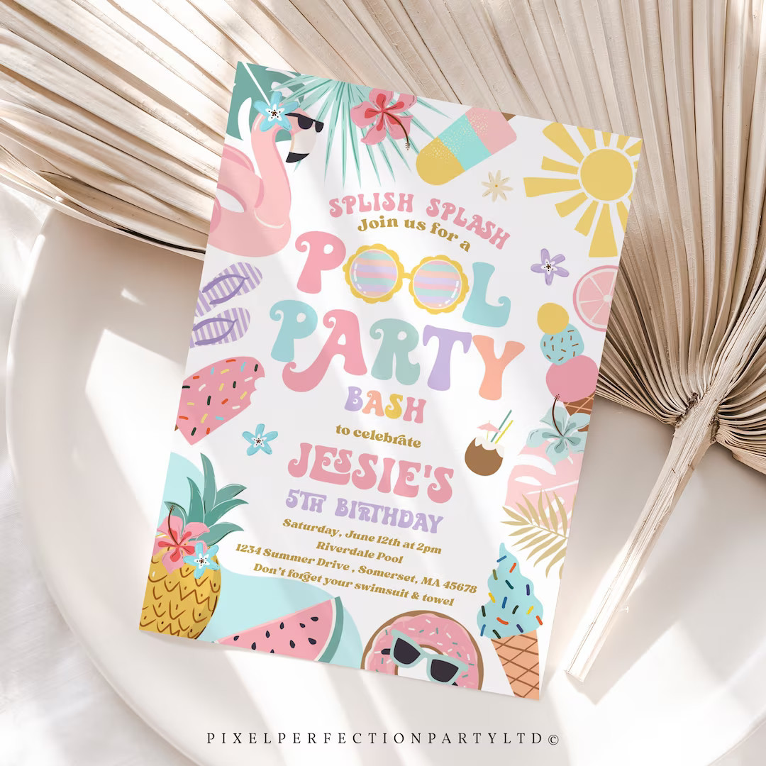 Editable Pool Party Invitation Tropical Splish Splash Girly Pool Party Invitation Summer Swimming... | Etsy (US)
