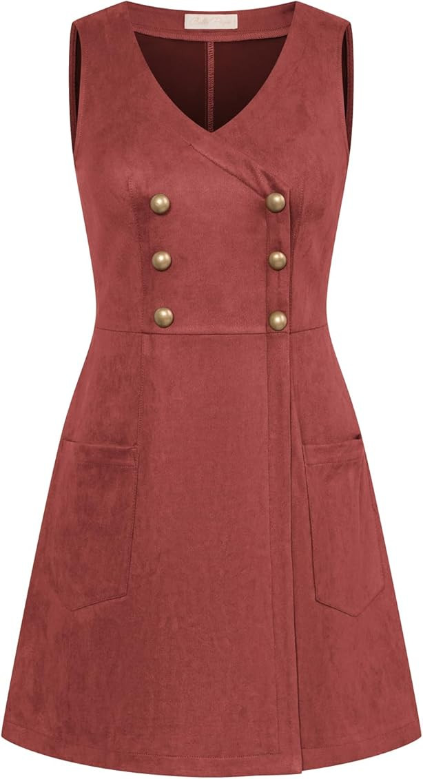Belle Poque Women Pinafore Dress Vintage V Neck Double Breasted Overall Dress with Pockets | Amazon (UK)