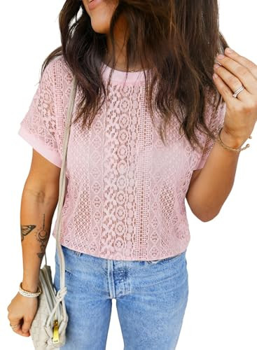EVALESS Womens Spring Summer Tops 2026 Casual Lace Tops Crewneck Short Sleeve Shirts Sexy Patchwork Cut Out T Shirts Sheer Crochet Knit Beach Cover Up Women Clothes Light Pink Small | Amazon (US)