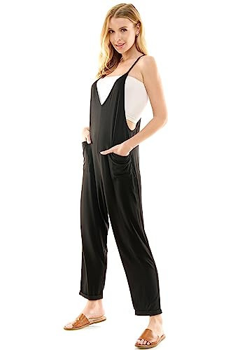 Loving People Women's V Neck Jumpsuits Loose Fit Casual Spaghetti Straps Foldover Hem Jumper Overalls, Medium, Black | Amazon (US)