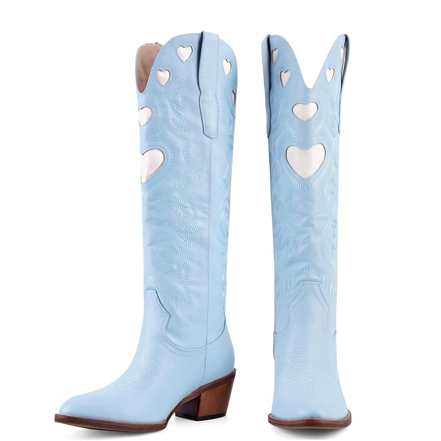 Cowboy Boots for Women Wide Calf Round Toe Chunky Stacked Heel Knee High Cowgirl Boot Heart Patte... | Amazon (US)