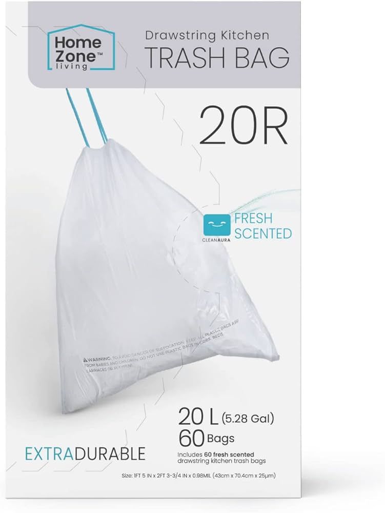 Home Zone Living 5.3 Gallon Kitchen Trash Bags with Drawstring Handles, Heavy Duty Custom Fit Des... | Amazon (US)