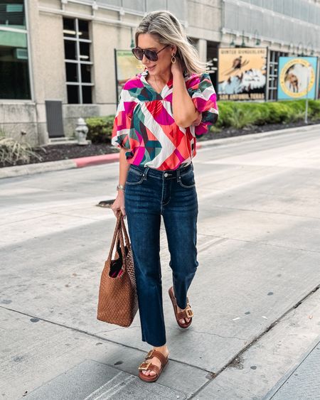 One of my favorite blouses from last year is back!! The material is lightweight and the colors make me happy every time I put it on. Wear it with jeans, joggers, wide leg pants, shorts….its an easy piece to build an outfit around it. I’m wearing it in a size small. I should also mention these might be my most worn pair of jeans-they’re so soft and stretchy! If you’re in between sizes go down one since they stretch  

#springoutfit #jeans #sandals #boho #fashionover40 #fashionover50 #jeans 

#LTKshoecrush #LTKitbag #LTKover40