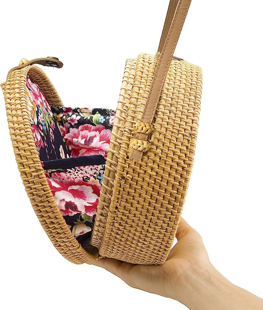 Handwoven Round Rattan Bag Shoulder Leather Straps Natural Chic Hand NATURAL NEO | Amazon (US)