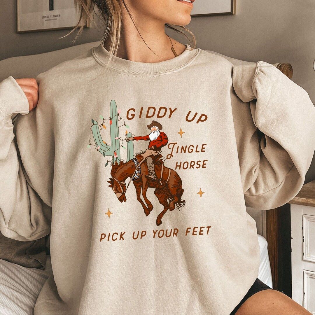 Cowboy Christmas Sweater Giddy up Jingle Horse Pick up - Etsy | Etsy (US)