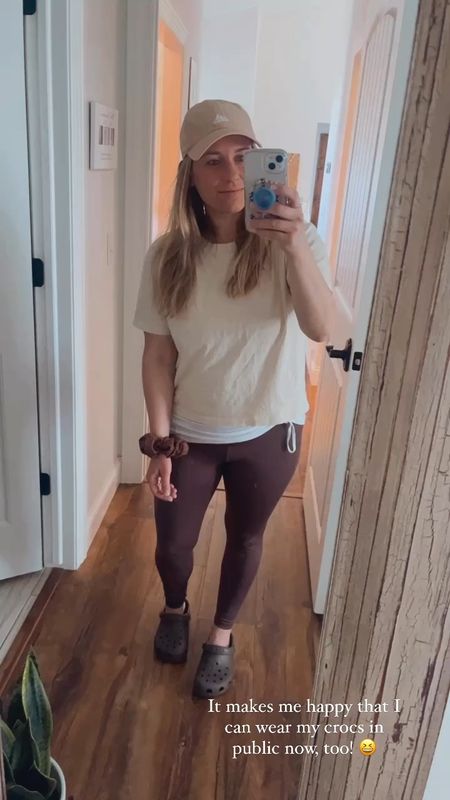 Casual brown and beige leggings outfit. Aerie leggings. crocs outfit. Brown crocs. Tan adidas hat. 

#LTKfindsunder50 #LTKActive #LTKmidsize