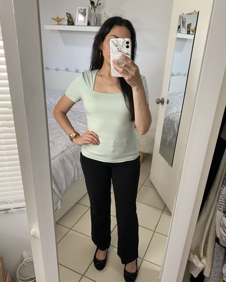 square neck top: small // strapless sticky bra: B (but I think A would fit better) // watch: rose gold

Workwear, office outfit, petite, minty mint 

#LTKstyletip #LTKworkwear #LTKfindsunder50