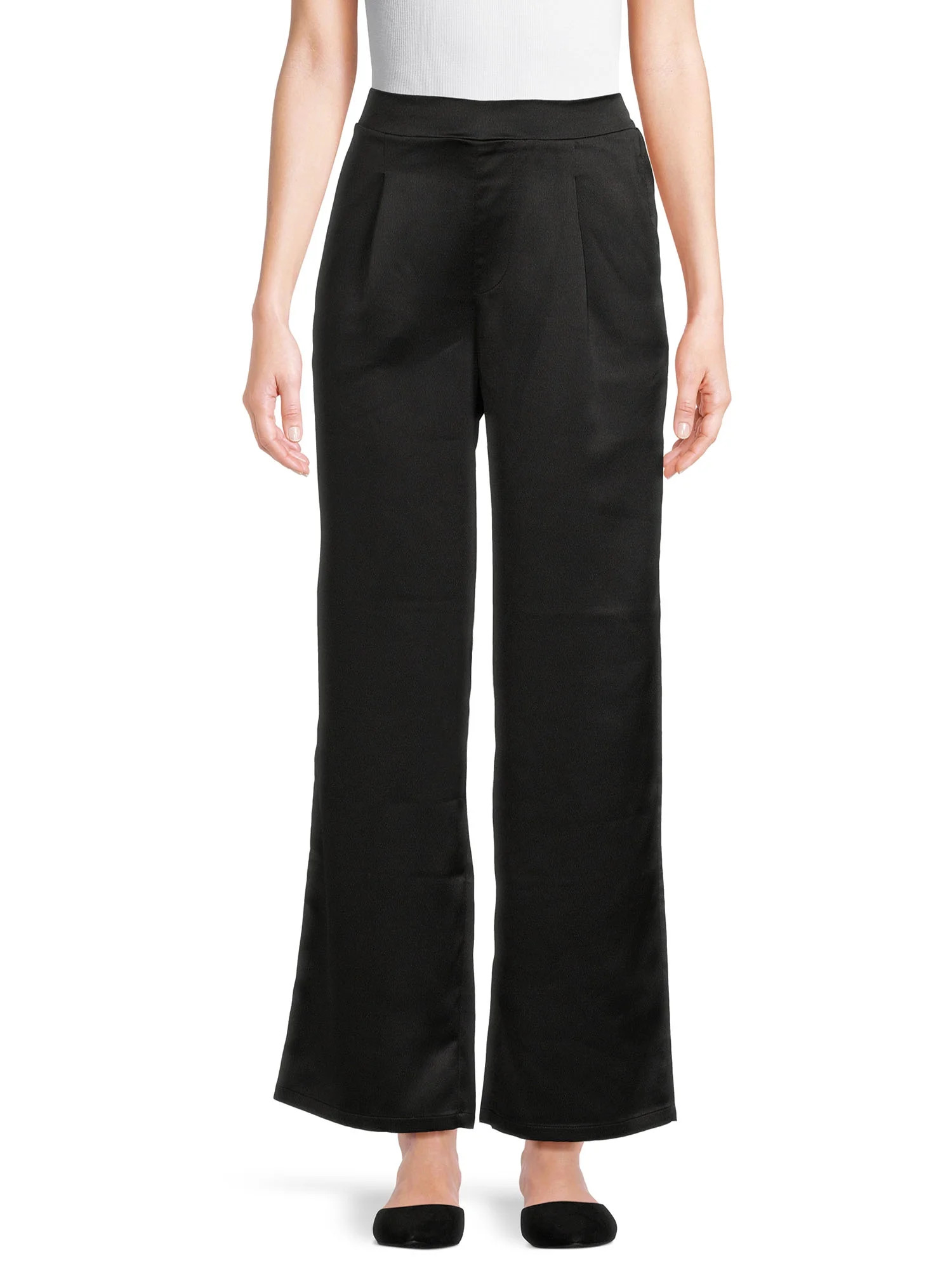 Time and Tru Women's Mid Rise Wide Leg Satin Trousers with Pockets, 30" inseam, Sizes XS-XXL | Walmart (US)