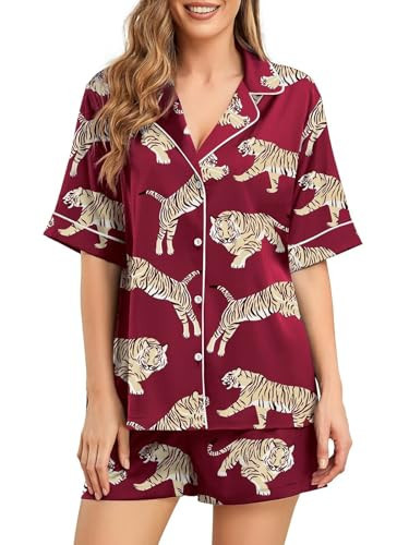 Brosloth Silk Pajamas for Women Satin Pjs Set Tiger Print Short Sleeve Lounge Sets Soft Silky Button Down Pajama Sleepwear Wine Red M | Amazon (US)
