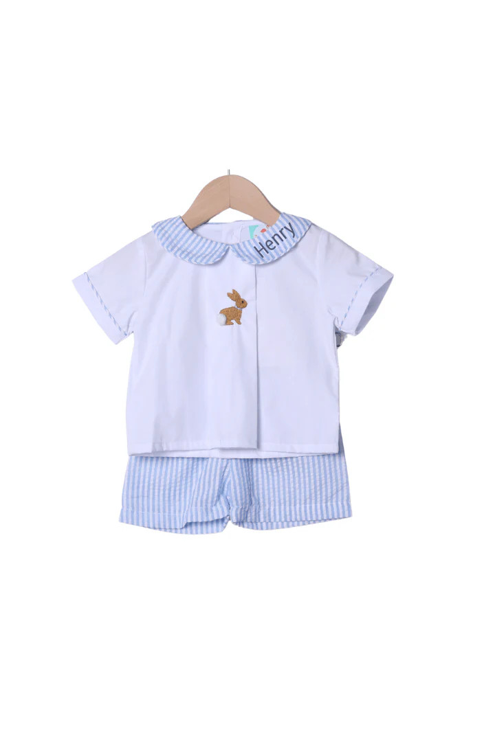 Embroidered Bunny Blue Seersucker Short Set | The Smocked Flamingo