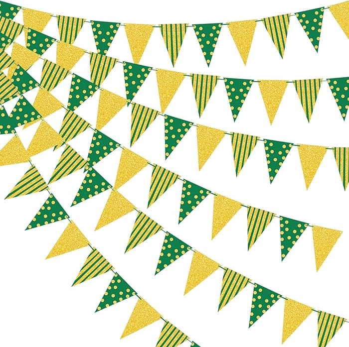 33Ft Green Gold Triangle Flag Pennant Banner, Pre-Assembled Paper Bunting for Masters Golf Party ... | Amazon (US)