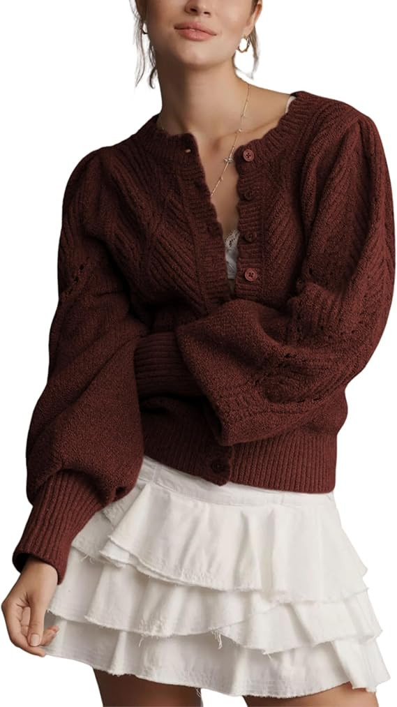 Women Pointelle Knit Lightweight Cardigan Puff Sleeve Scalloped Trim Button Down Open Front Cropp... | Amazon (US)