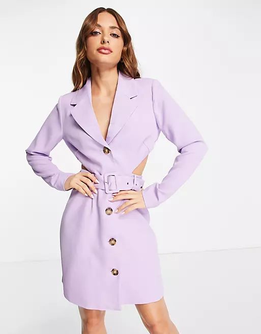 Y.A.S exclusive tailored blazer mini dress with cut out back and belt in purple | ASOS (Global)