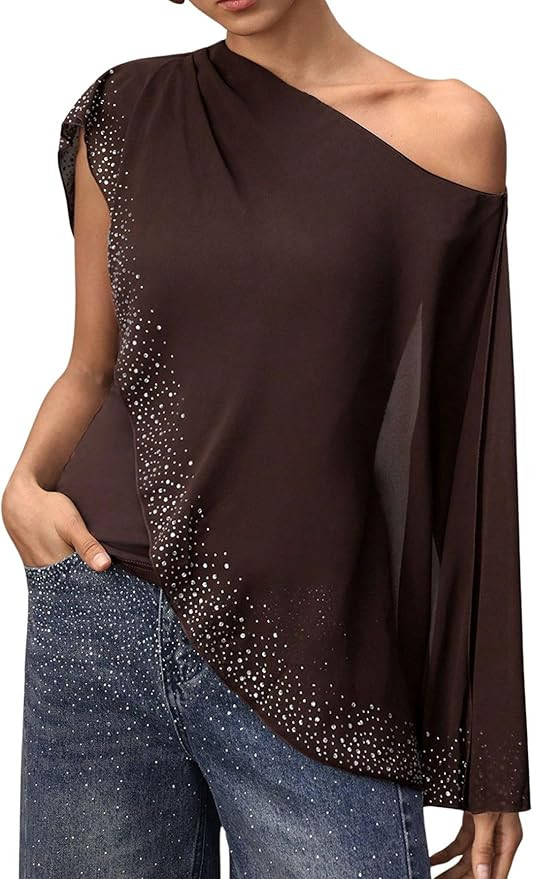 Verdusa Women's Rhinestone Chiffon Wrap Top Off The Shoulder T Shirt Festival Outfits Going Out T... | Amazon (US)