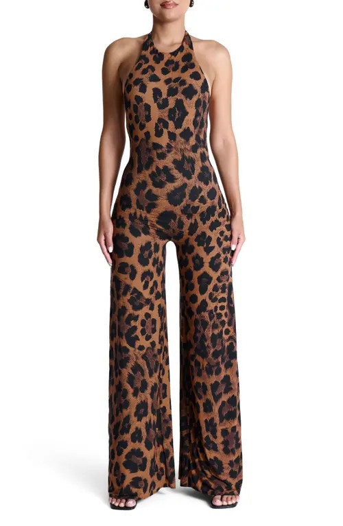 Naked Wardrobe Leopard Print Wide Leg Halter Jumpsuit at Nordstrom, Size X-Large | Nordstrom