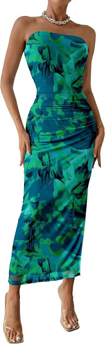 PRETTYGARDEN Women's Summer Maxi Bodycon Dresses Strapless Tube Top Printed Long Party Club Slit ... | Amazon (US)