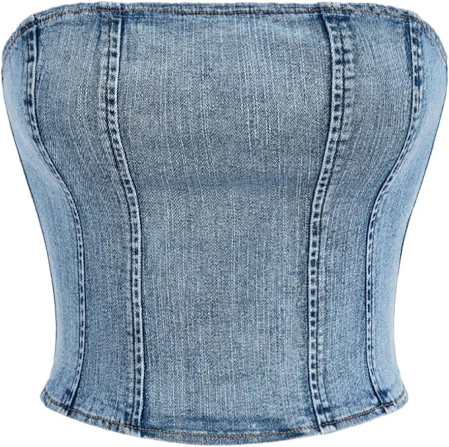 GORGLITTER Women's Zip Up Back Strapless Denim Tube Top Sleeveless Fitted Y2K Crop Denim Tops | Amazon (US)