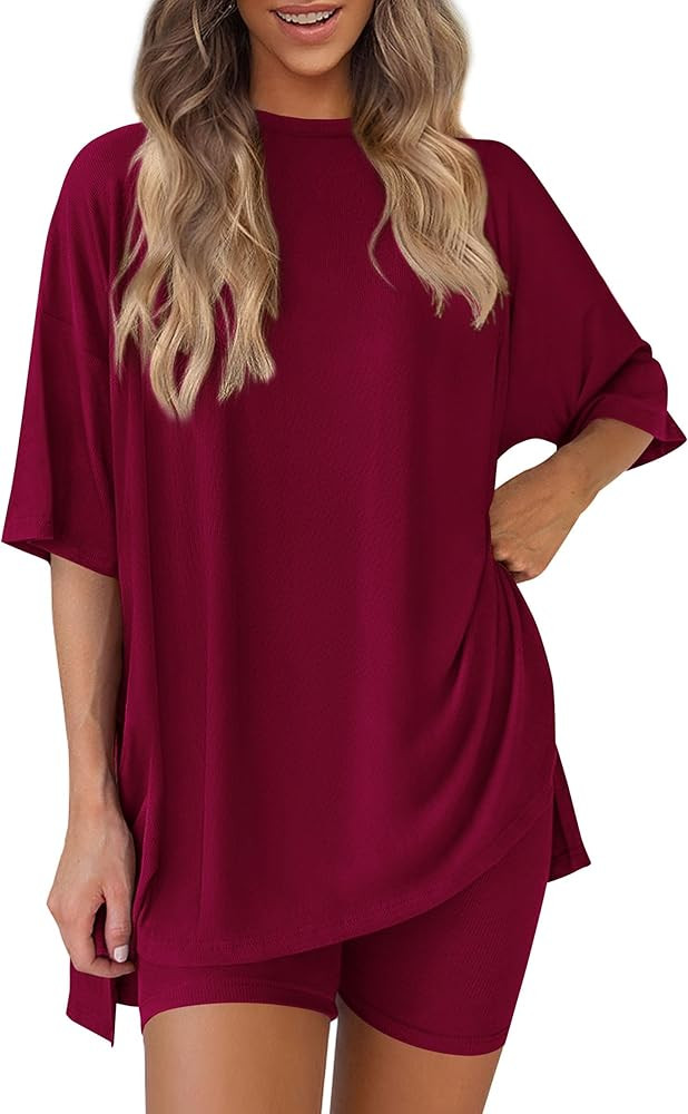 PRETTYGARDEN Women 2 Piece Lounge Set 2026 Summer Casual Oversized Shirts Biker Shorts Matching A... | Amazon (US)