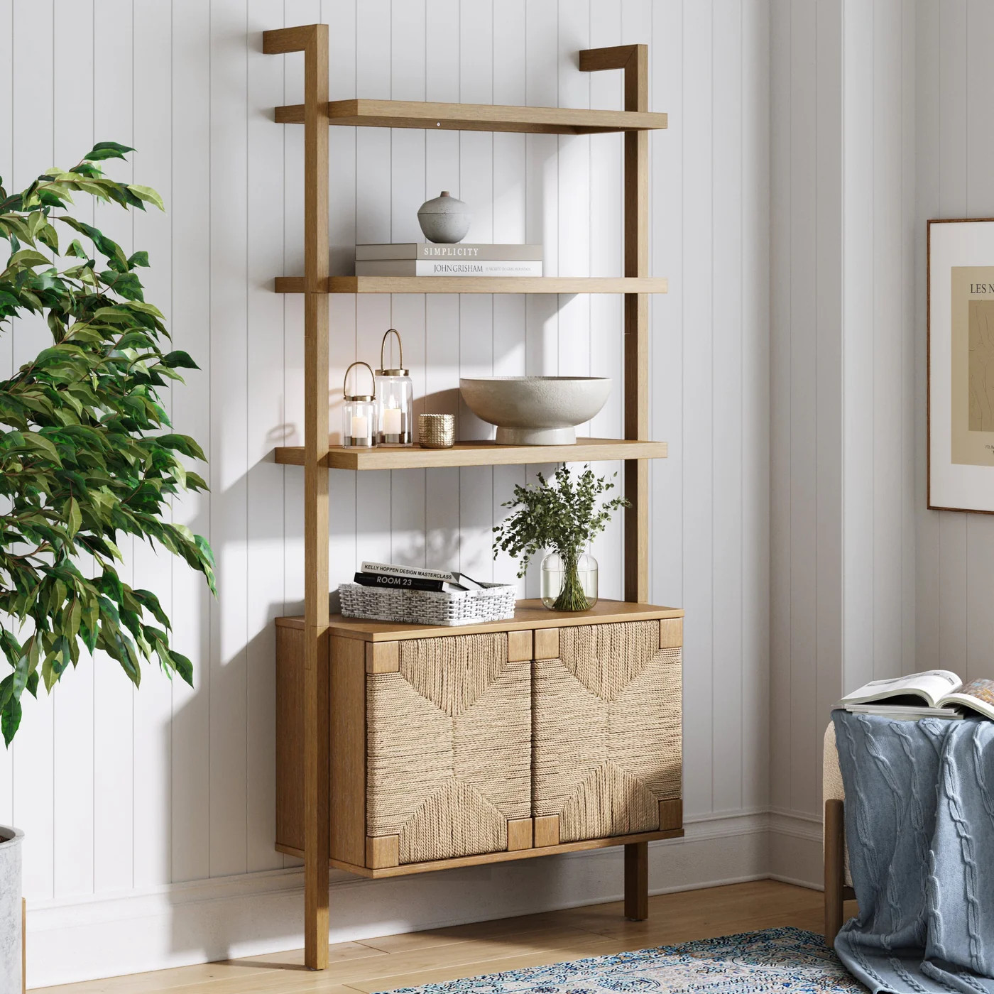 Seagrass Wall Bookshelf with Doors Light Brown | Nathan James