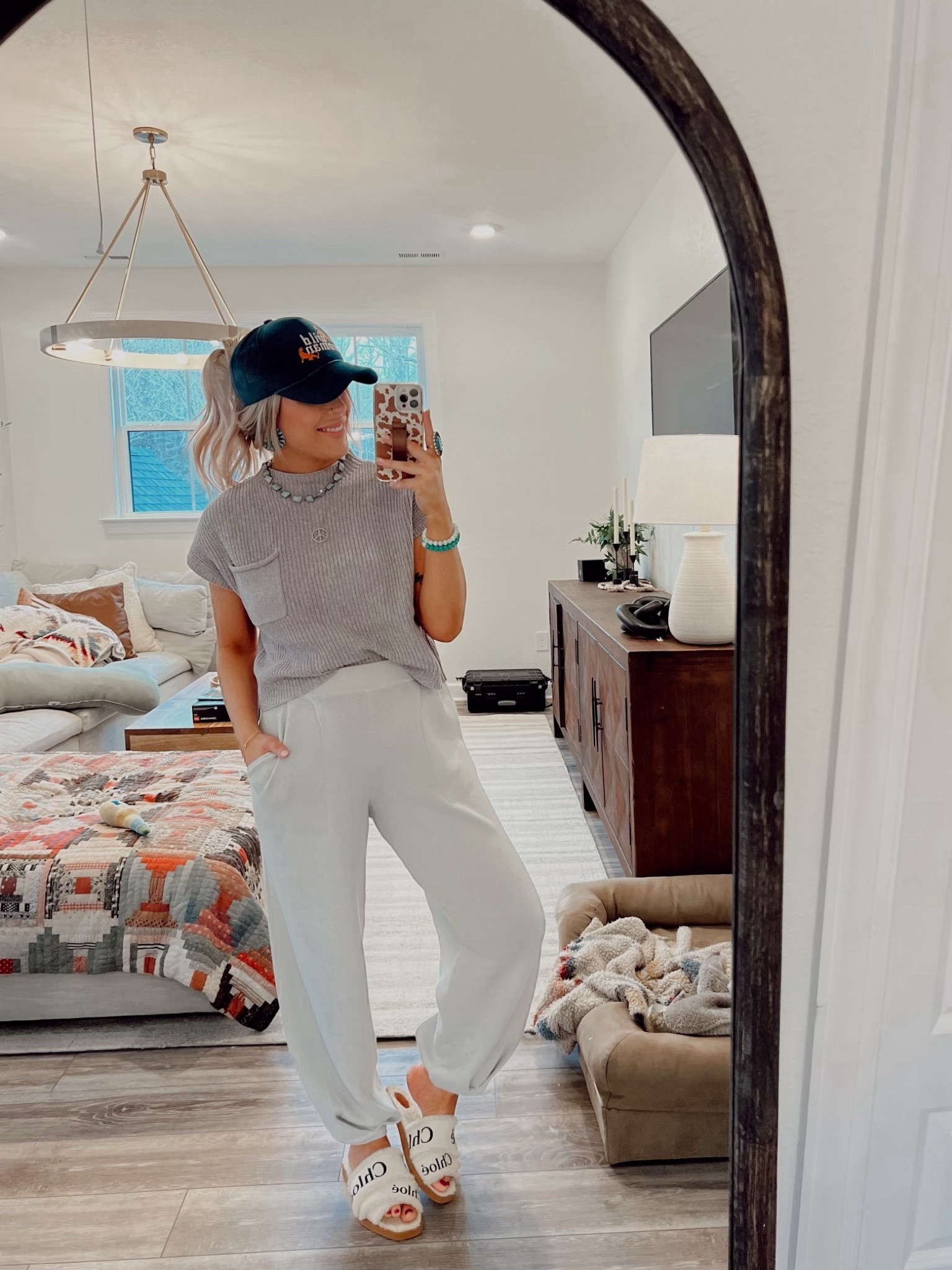 Sweater Set- Amazon
Slides- older from Chloe(poshmark has a ton!)
Hat- dressed in Lala
Necklace- Goldie Lew
Earrings- Nizhoni Traders 
Denim Blazer Jacket- Western Gold Boutique

Cort’s OOTD
Shirt- Lululemon 
Pants- Nordstrom Rack 
Shoes- Huckberry Astroflex Chelsea Boot