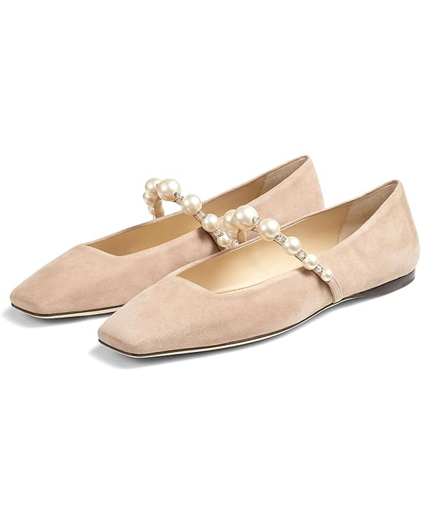 Flats for Women, Mary Jane Ballet Flats with Pearl Strap Square Toe Ballerina Walking Wedding Bri... | Amazon (US)