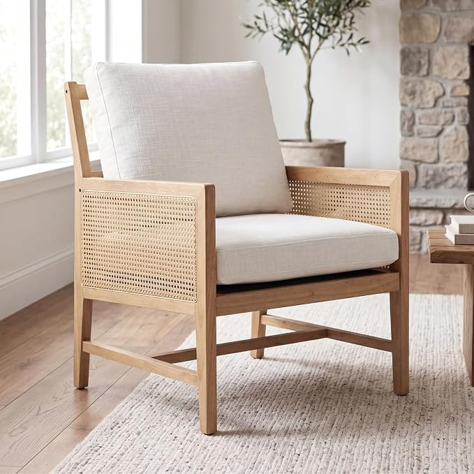 Mid-Century Modern Rattan Accent Chair, Upholstered Lounge Armchair with Woven Cane Sides & Washa... | Amazon (US)