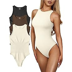 OQQ Women's 3 Piece Bodysuits Sexy Ribbed One Piece Sleeveless Halter Neck Bodysuits | Amazon (US)