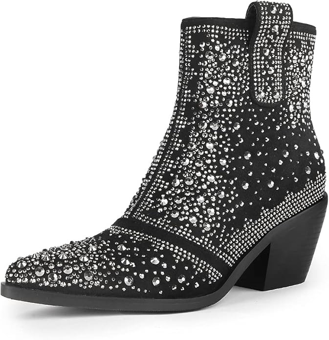 Women's Combat Ankle Boots, Crystal Rhinestone Pointed Toe Chunky Block Heels Western Boot Faux S... | Amazon (US)