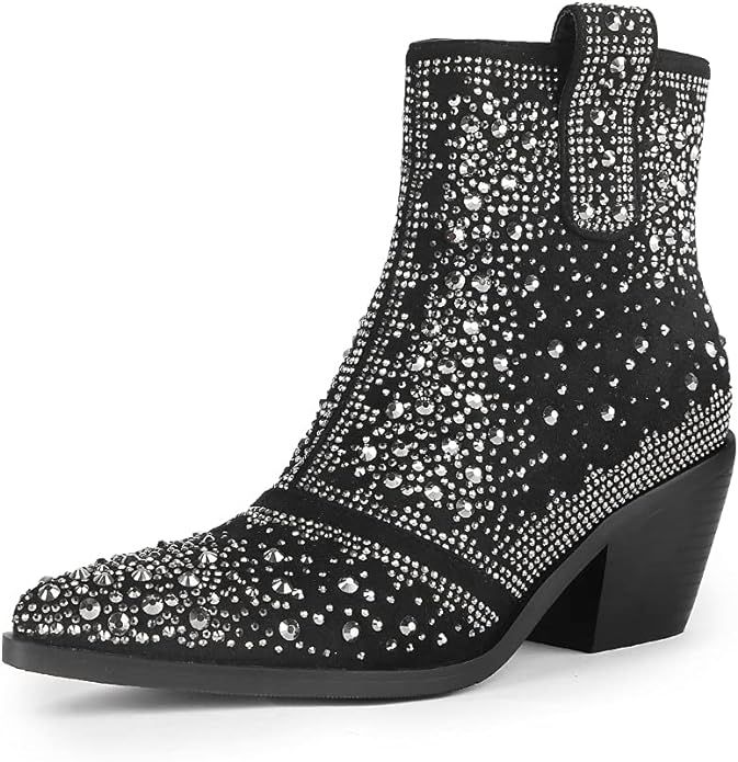 Women's Combat Ankle Boots, Crystal Rhinestone Pointed Toe Chunky Block Heels Western Boot Faux S... | Amazon (US)