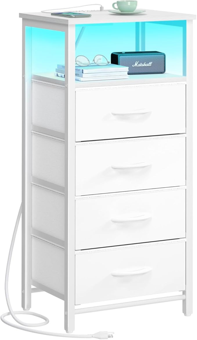 Yoobure Night Stand - LED White Nightstand with Charging Station, Bedside Table with 4 Storage Dr... | Amazon (US)