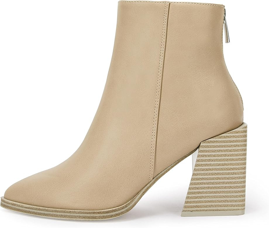 Womens Pointed Toe Ankle Boots Chunky Block Stacked Mid Heel Slip On Booties | Amazon (US)
