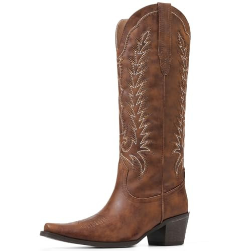Tscoyuki Cowboy Brown Boots for Women: Embroidered Western Knee High Boots Women - Pointed Toe Chunky Heel Cowgirl Tall Boots, Size 7.5 | Amazon (US)